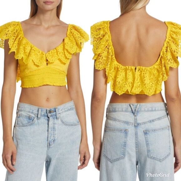 REVOLVE ALICE + OLIVIA Bleeker Ruffled Lace Crop Top in Sunbeam Yellow - Picture 1 of 9